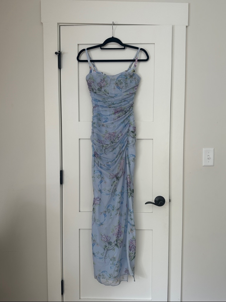 Lini Corset Chiffon Gown House Of Cb - Light Blue Floral Ruched Maxi Dress